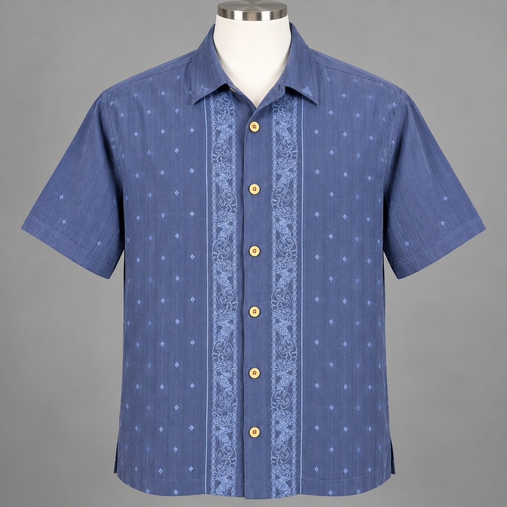 Tommy Bahama Shirt Mens Large Blue Excellent Embroidered Silk Blend Camp T32682